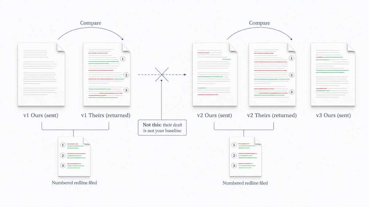 A left-to-right timeline of negotiation rounds alternating between our sent drafts and their returned drafts, with comparison arrows always running from our sent version to the next returned version.