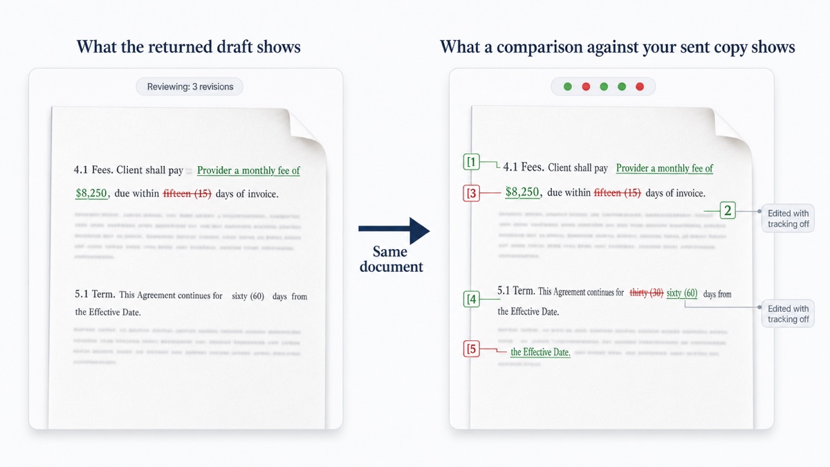 Two panels of the same contract clause. The left panel shows Word's view with three tracked changes and a pane reading 3 revisions. The right panel shows a comparison redline of the same clause with five numbered changes, two of them labelled untracked.
