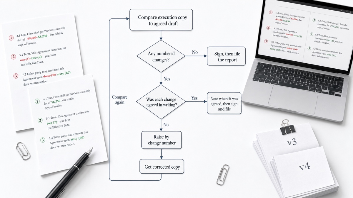 Decision flow: run comparison; if no changes, sign and file; if changes, check whether each was agreed; if agreed, document it; if not, raise it by number, get a corrected copy and compare again.