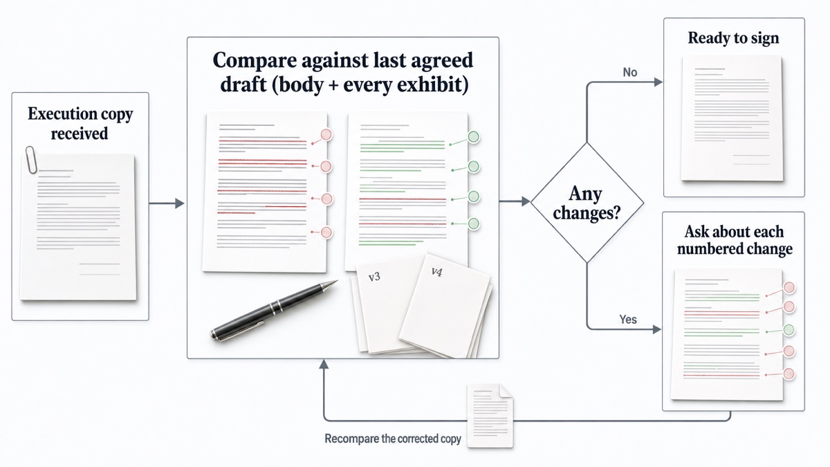 Decision flow: compare execution copy to last agreed draft; if zero changes, sign; if any changes, ask about each numbered change before signing.