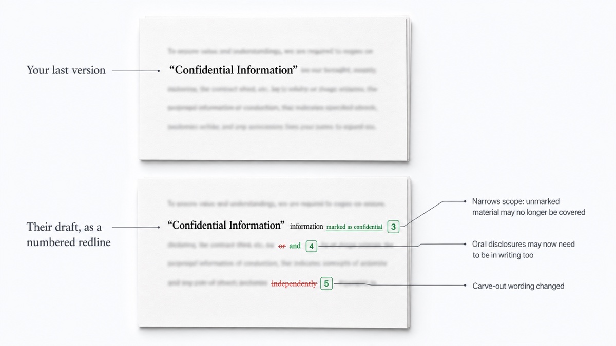 Before-and-after of an NDA confidential information definition. The revised version adds 'marked as' and changes 'or' to 'and', and deletes the carve-out word 'independently', with numbered markers 3, 4 and 5.