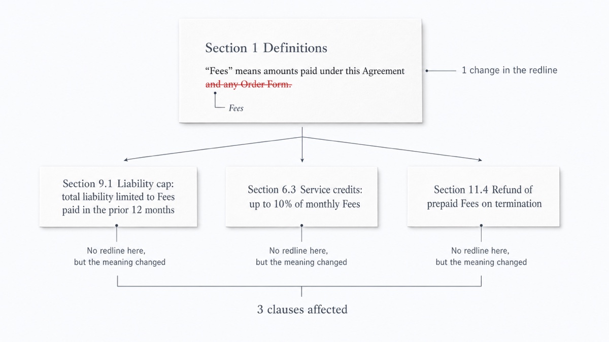 A redlined definition of Fees at the top, with arrows pointing down to three unchanged clauses that use the term: liability cap, service credits and termination refund.