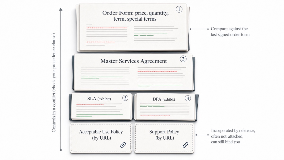 A stack of contract documents ranked by precedence: order form on top, then MSA, then attached SLA and DPA, with dashed outlines for policies referenced by URL.