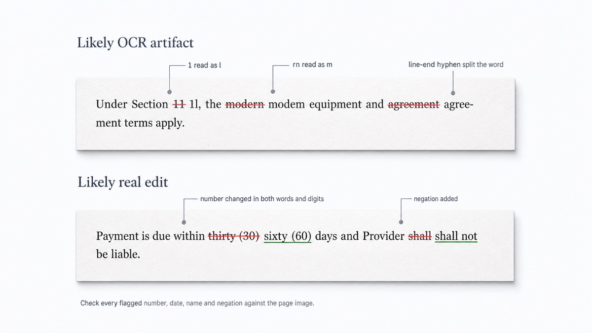 Two rows of redlined contract text. The top row shows OCR artifacts such as 1l for 11 and modem for modern. The bottom row shows a real edit changing thirty days to sixty days.