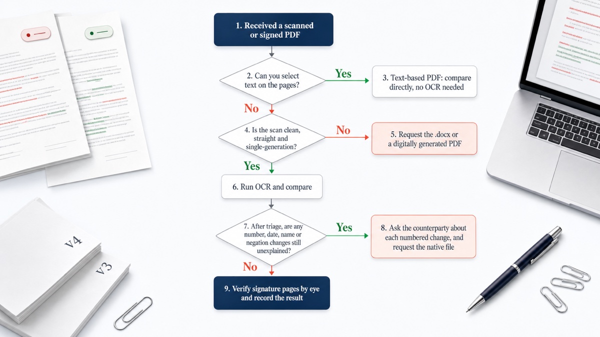 Decision flowchart: if the scan is clean, compare with OCR; if pages are faxed, skewed or noisy, or many substantive-looking changes remain, request the native file.