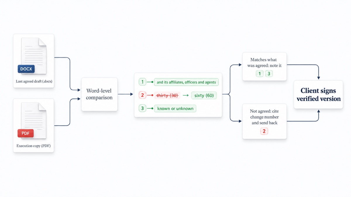 Flow diagram: agreed Word draft and execution PDF feed into a comparison, which produces numbered changes; each change is either confirmed as agreed or flagged and sent back to the other side before signing.