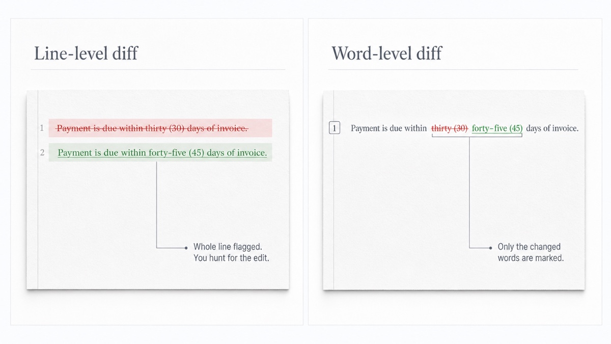 Two panels compare the same edited sentence. On the left, a line-level diff marks the whole sentence as removed and the whole revised sentence as added. On the right, a word-level diff marks only 'thirty (30)' as deleted and 'forty-five (45)' as inserted.