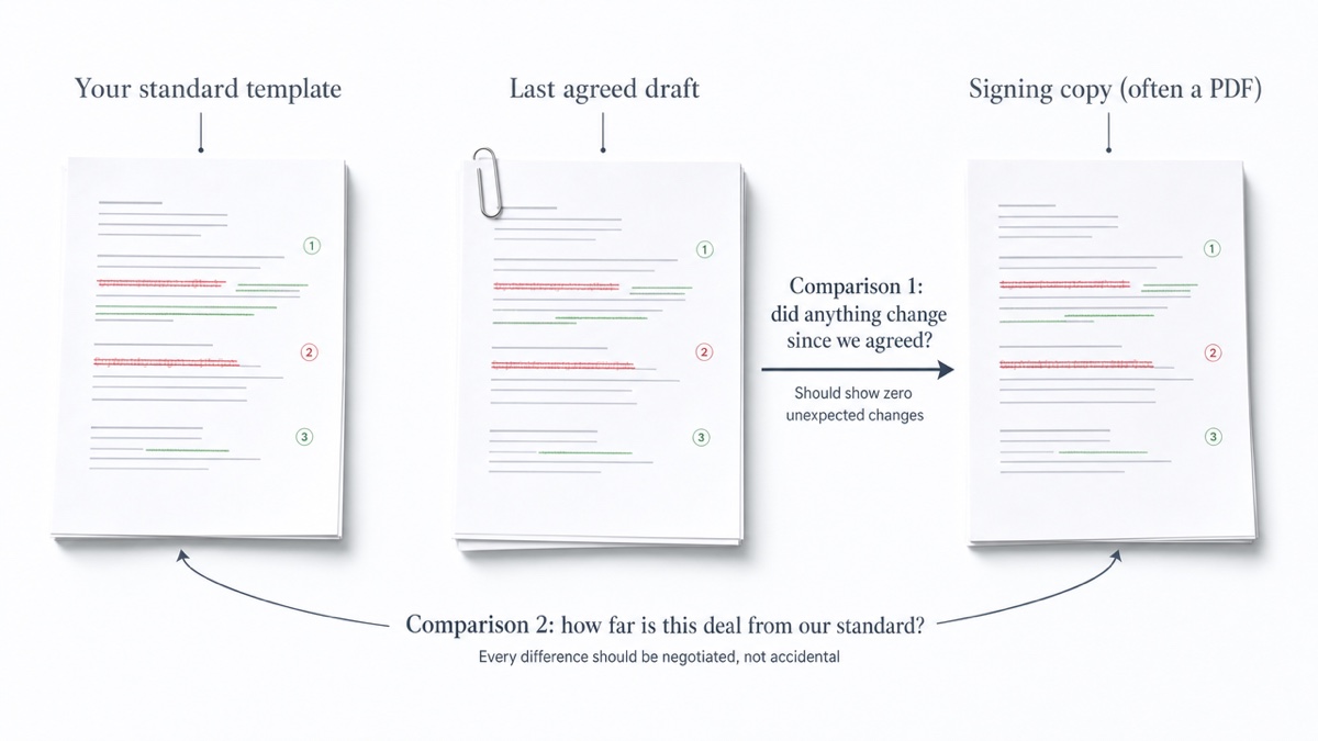 Three documents in a row: standard template, last agreed draft, and signing copy. One arrow links the agreed draft to the signing copy, labeled 'Should show zero unexpected changes'. A second arrow links the template to the signing copy, labeled 'Every difference should be explainable'.