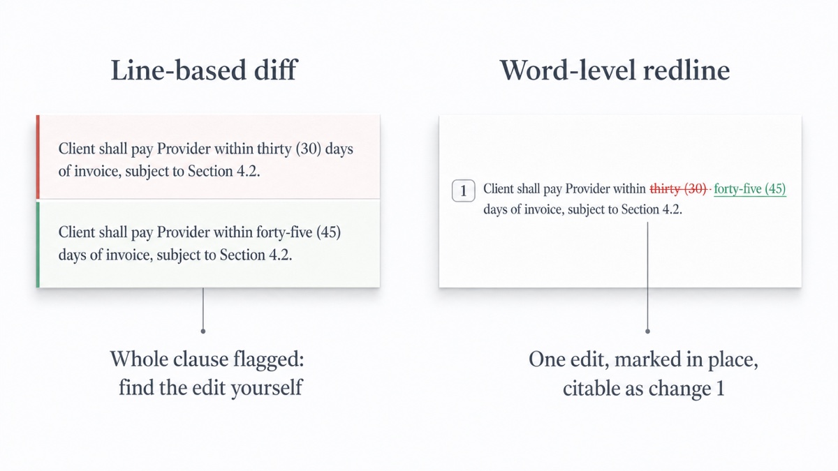 Left: two full sentences marked as changed lines. Right: one sentence with 'thirty (30)' struck through and 'forty-five (45)' inserted, numbered as change 1.