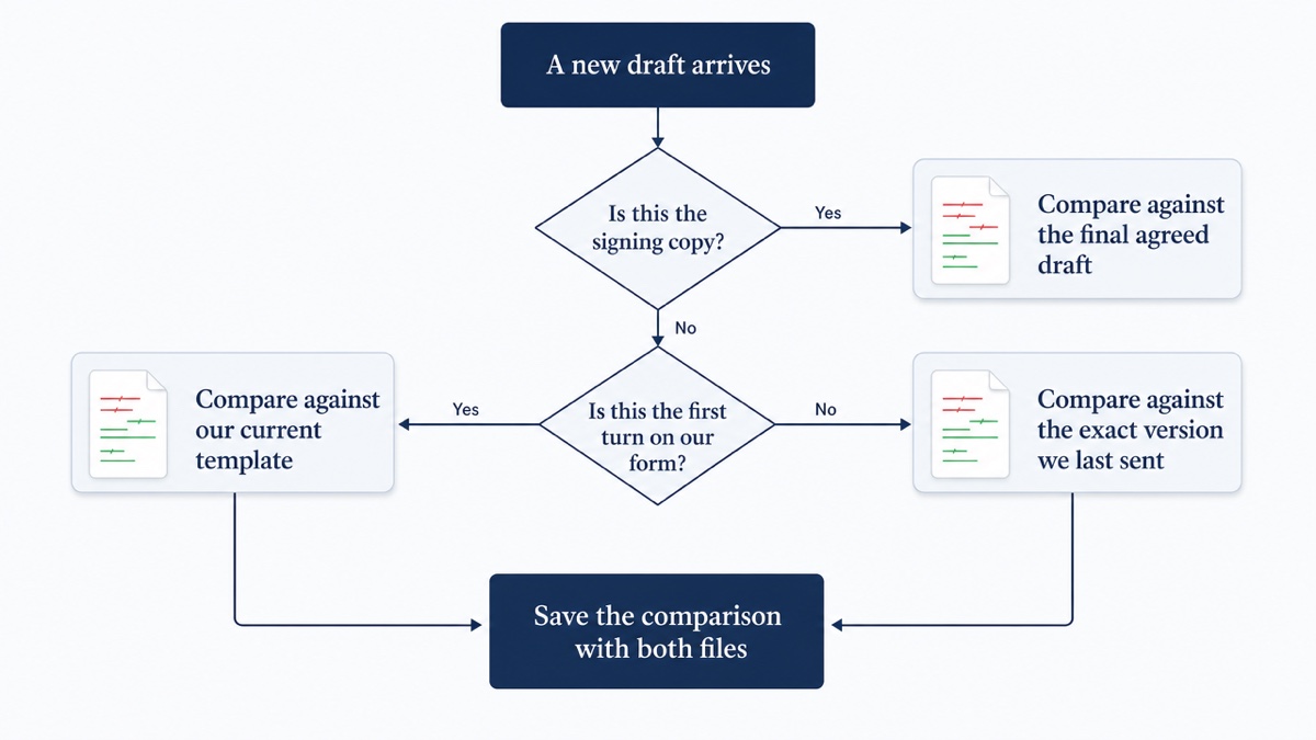 Decision flow: a new draft arrives; if it is an execution copy, compare against the final agreed draft; if it is the first turn on your form, compare against your template; otherwise compare against the version you last sent.