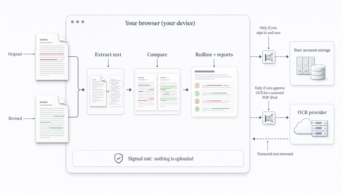 Flow diagram showing two documents entering a browser window where extraction, comparison and report export happen locally, with two optional gated arrows leading outside the browser: one to an account storage box labeled save comparison, one to an OCR provider box labeled approve OCR, Pro.