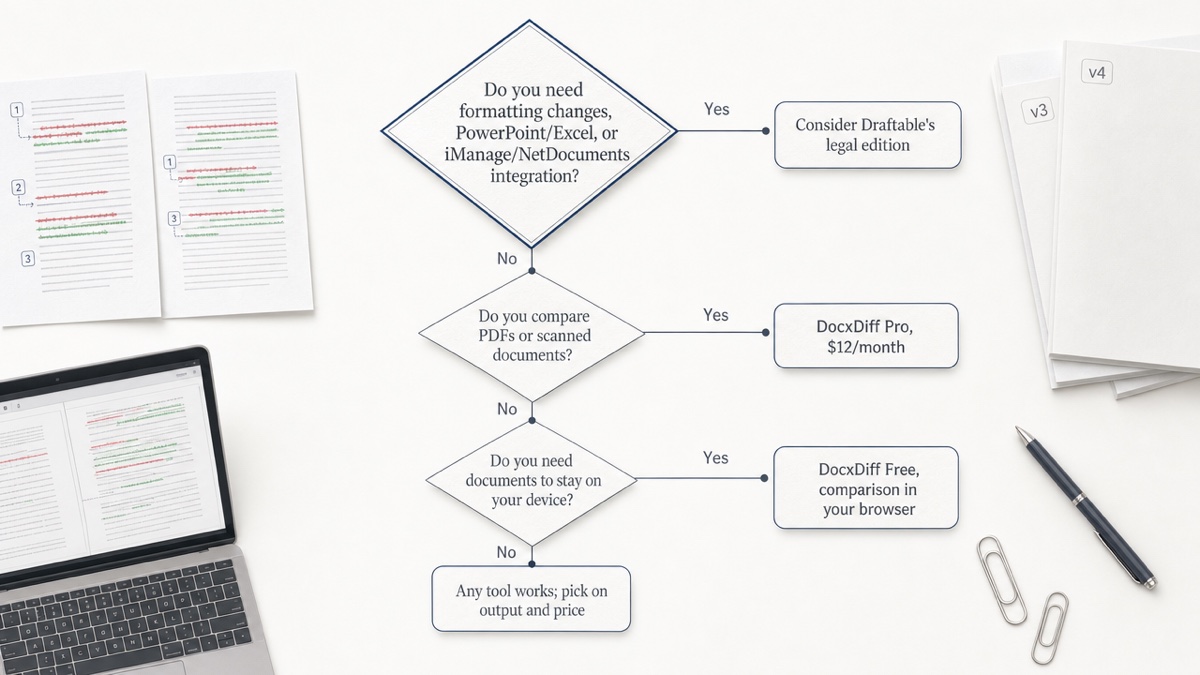 Decision flow: if you need formatting comparison or DMS integration, consider Draftable's legal edition; if you need PDF or scanned PDF comparison, consider DocxDiff Pro; otherwise DocxDiff Free.