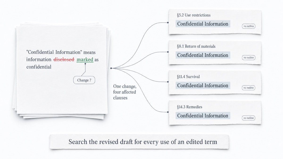 A contract's definitions section with one redlined term, with arrows to four later clauses that use the term and show no changes.