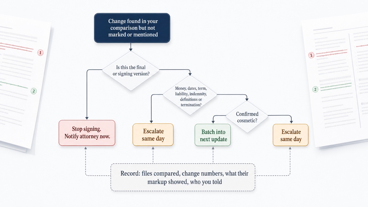 Decision flow that routes an undisclosed change to same-day escalation, a stop on signing, or batching, depending on the clause and whether it is the signing version.