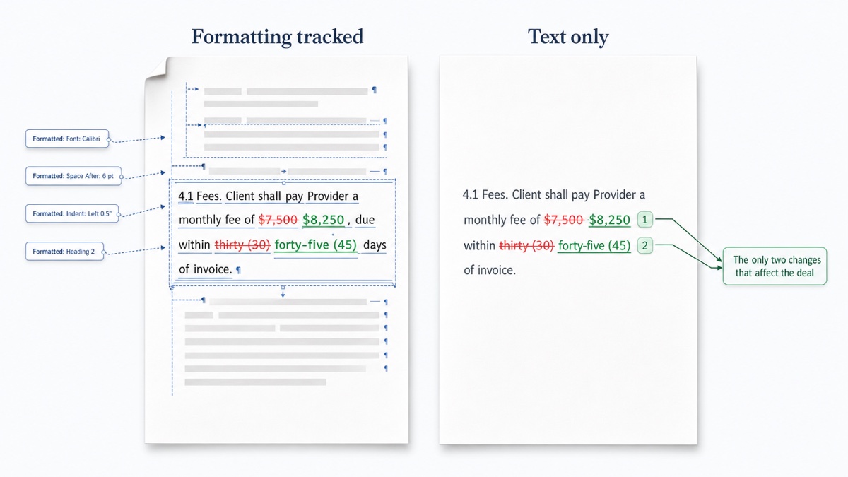 Two panels showing a fee clause. The left panel is covered in formatting markup with one real change hidden among it. The right panel shows only the fee and payment-term changes as numbered redlines.