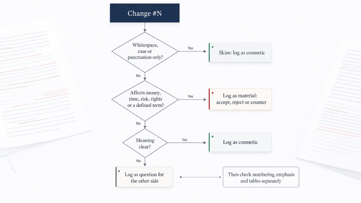 Decision flow for a single numbered change: is it formatting or whitespace only, does it affect money, time, risk, rights or a defined term, and is the meaning unclear, ending in skim, log as material, or ask the other side.