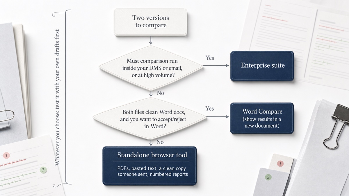 Decision flowchart with three questions leading to Word Compare, an enterprise suite, or a standalone browser tool.