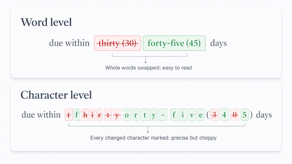 Two stacked redlines of the sentence 'due within thirty (30) days'. The word-level version strikes 'thirty (30)' and inserts 'forty-five (45)'. The character-level version shows fragments of letters struck and inserted.