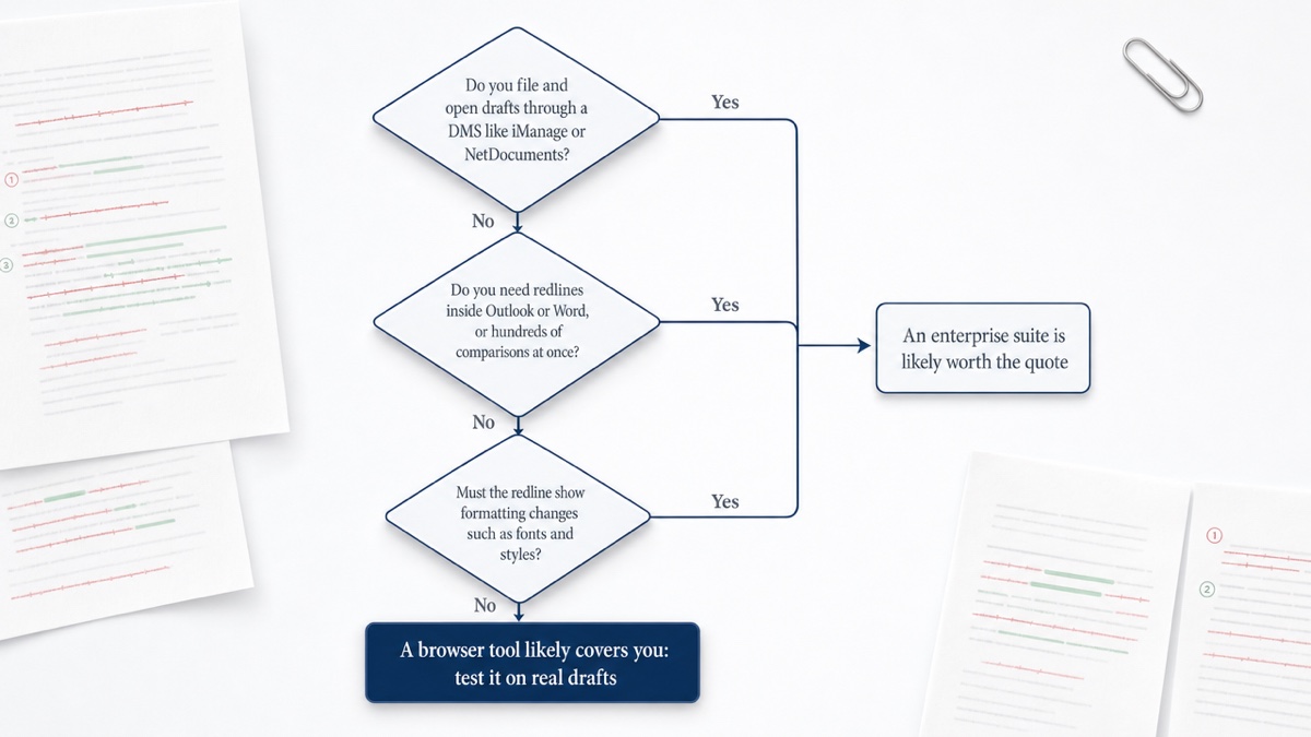 Decision flow with three yes-or-no questions leading to either an enterprise suite or a browser comparison tool.