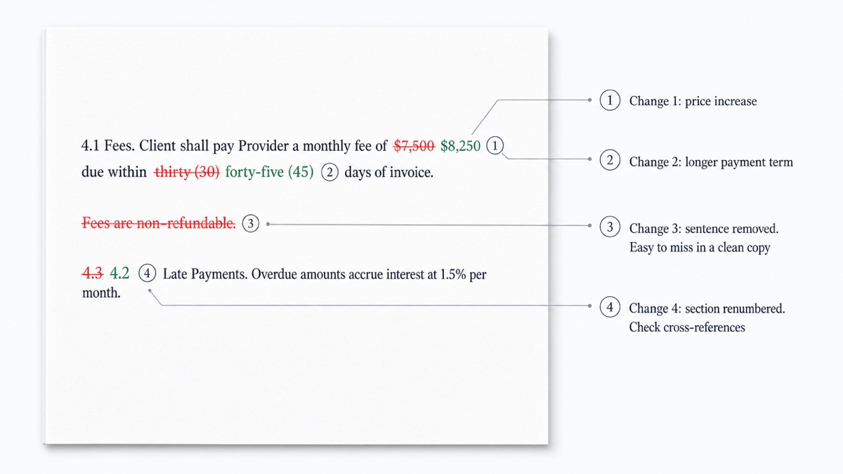 A contract clause showing four numbered changes: a fee change, a payment term change, a deleted sentence, and a renumbered section heading, each with a callout explaining it.