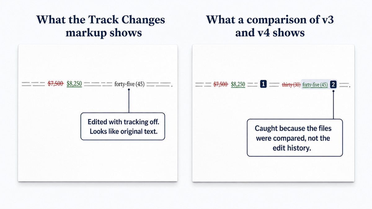 Two panels showing the same contract clause. The left panel, labeled Track Changes markup, shows one marked change to the fee and an unmarked change to the payment period. The right panel, labeled Comparison of v3 and v4, shows both changes marked and numbered 1 and 2.