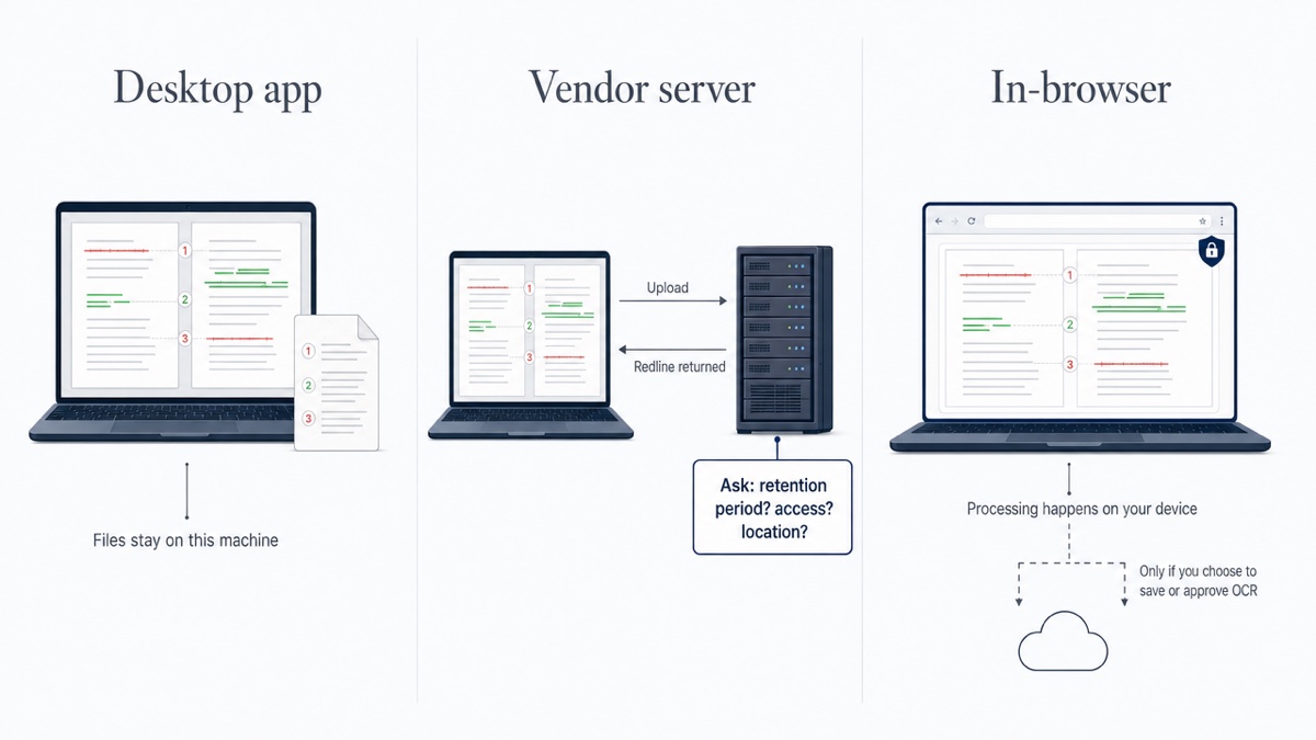Three side-by-side lanes showing a document's path: desktop stays on the laptop, cloud goes from laptop to a vendor server and back, in-browser stays inside the browser on the laptop.